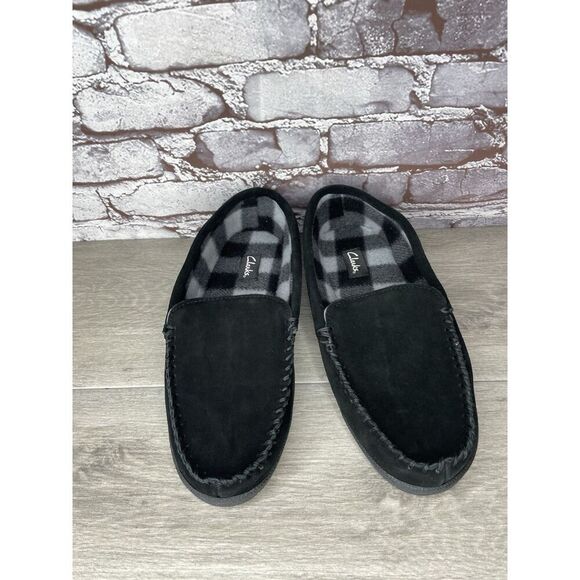 Clarks Venetian Black Suede Fur Lined Slip On Loafer Moccasin Slippers Men’s 10M - Picture 2 of 16